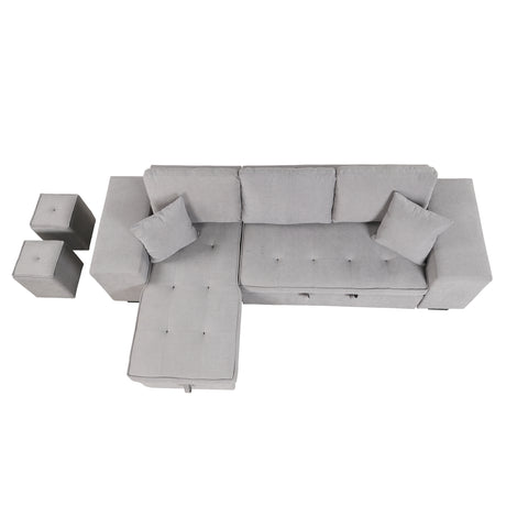 Modern Reversible L-Shape Pull Out Sleeper Sofa with Storage Chaise and Stools, Gray Linen, 104.5' - sold by Home Elegance USA