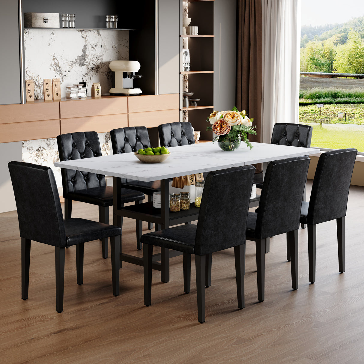 Juego de mesa y sillas. Mesa de comedor empalmada de grano blanco de 71 x 35,4 pulgadas con función de almacenamiento en el medio de las patas de la mesa. Combina con 8 sillas de comedor de PU negras con respaldo ergonómico con hebilla.
