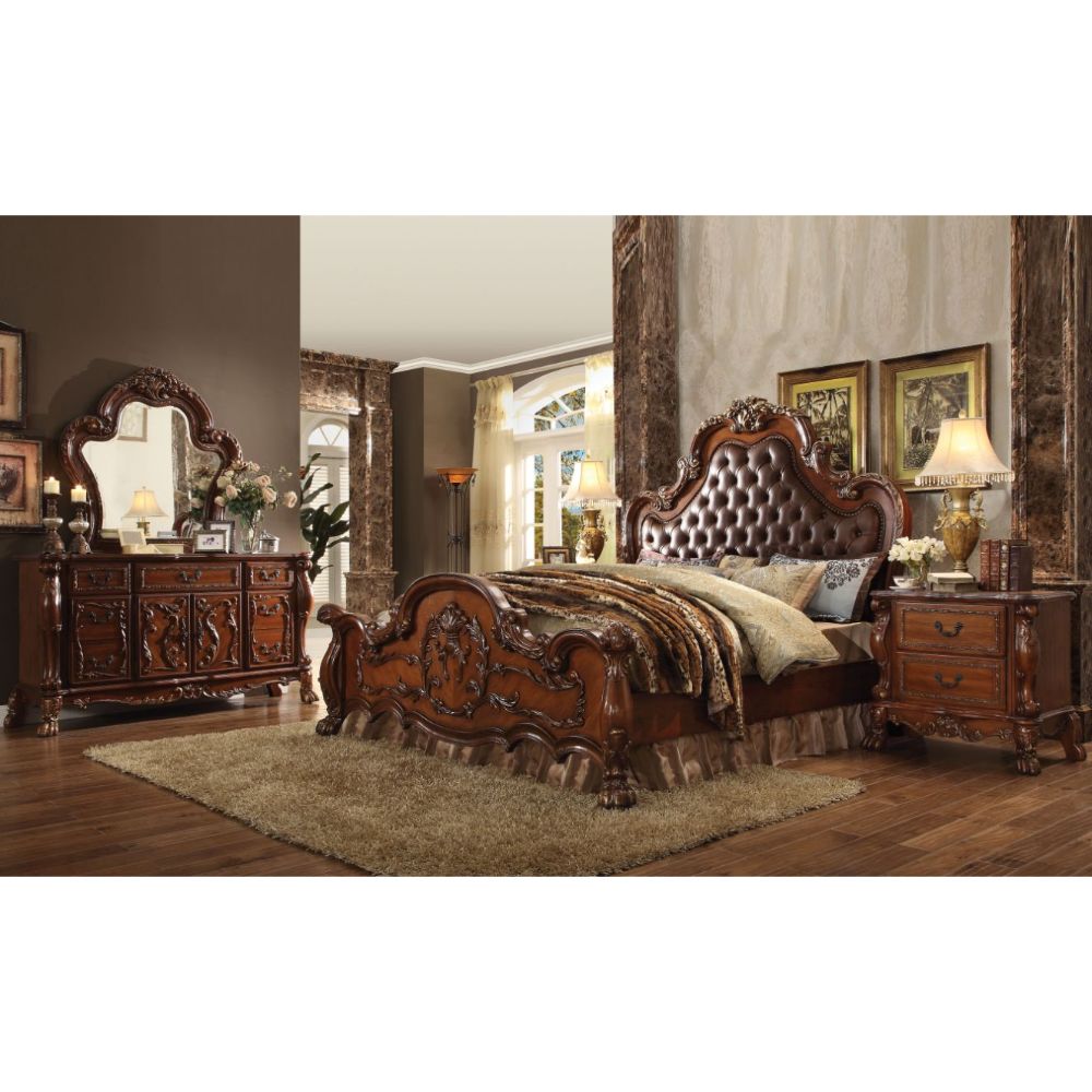 Acme - Dresden CK Bed 23134CK Cherry Synthetic Leather & Cherry Oak Finish