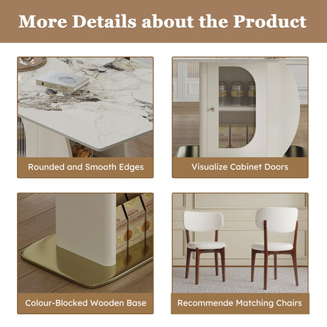 Modern 63' 4-6 Person Dining Table Set with Storage, Burnt Stone Top & Gold Solid Wood Base, Includes 4 White PU Chairs for Kitchen, Apartment - sold by Home Elegance USA