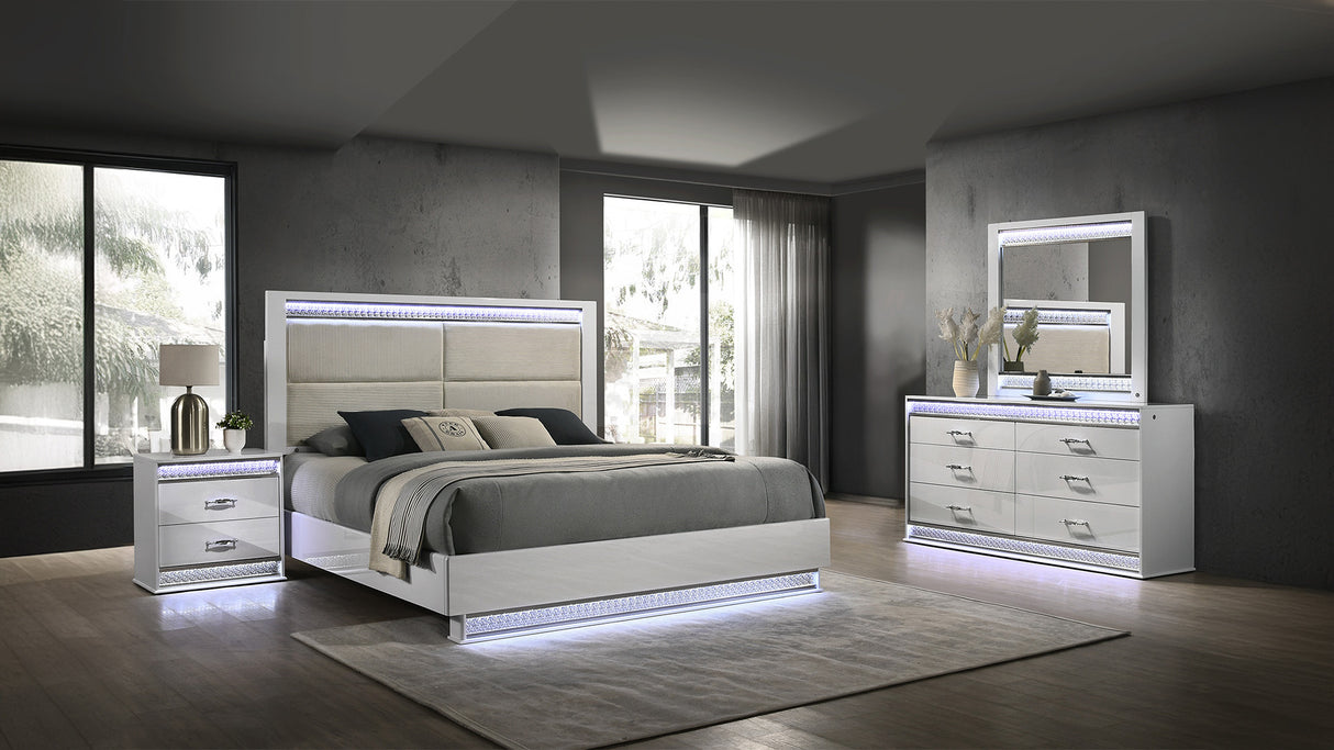 Glam Modern Style 4 Pc Queen Bedroom Set with LED Headboard Made with Wood in White(CA INVENTORY)