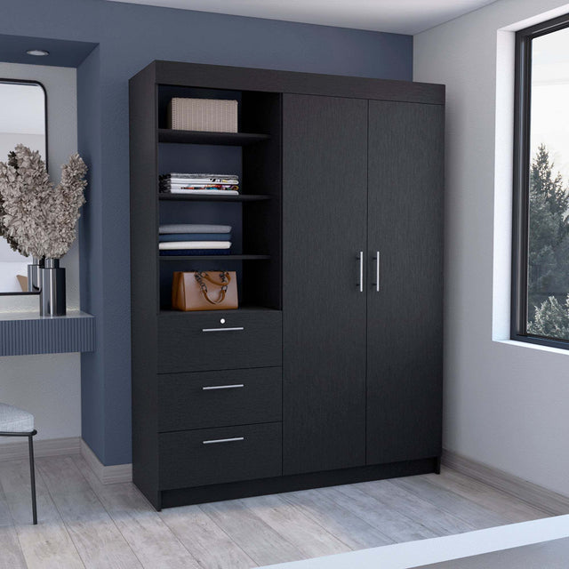 Kenya 3 Drawers Armoire, Double Door, 3-Tier Shelf -Black - sold by Home Elegance USA