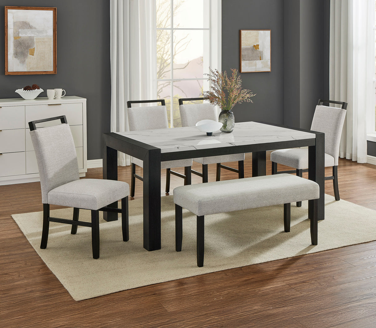 6pc Dining Set Contemporary Style White Faux Marble Rectangular Table Full Back Upholstered Chairs Bench Light Gray Black Finish Dining Room Wooden Furniture