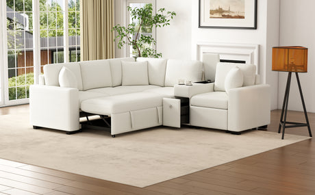 120.5' L-shaped Convertible Sofa Bed Modular Sectional Sofa Reversible Sleeper with Pull-Out Bed, Cup Holders, and Ample Storage Space for Living Room(Old SKU:N719S001940K), White - sold by Home Elegance USA