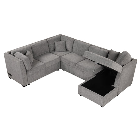 U-shaped Sectional Sofa Pull out Sofa Bed with USB Ports, Power Sockets, Storage Chaise, Light Gray Chenille, 108.6' - sold by Home Elegance USA