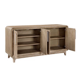 Wooden cabinet with open doors on a white background
