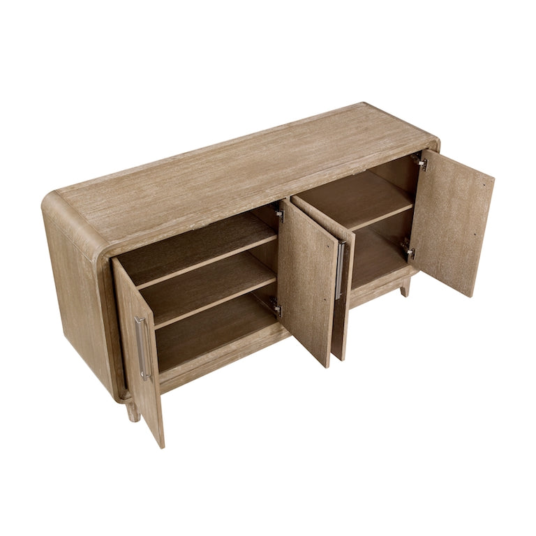 Wooden sideboard with open doors on a white background