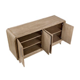 Wooden sideboard with open doors on a white background