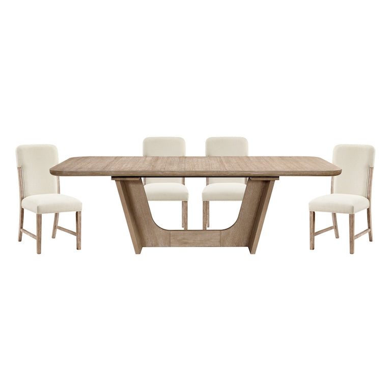 Dining table with four chairs on a white background