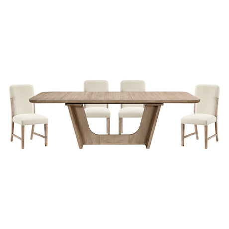 Dining table with four chairs on a white background