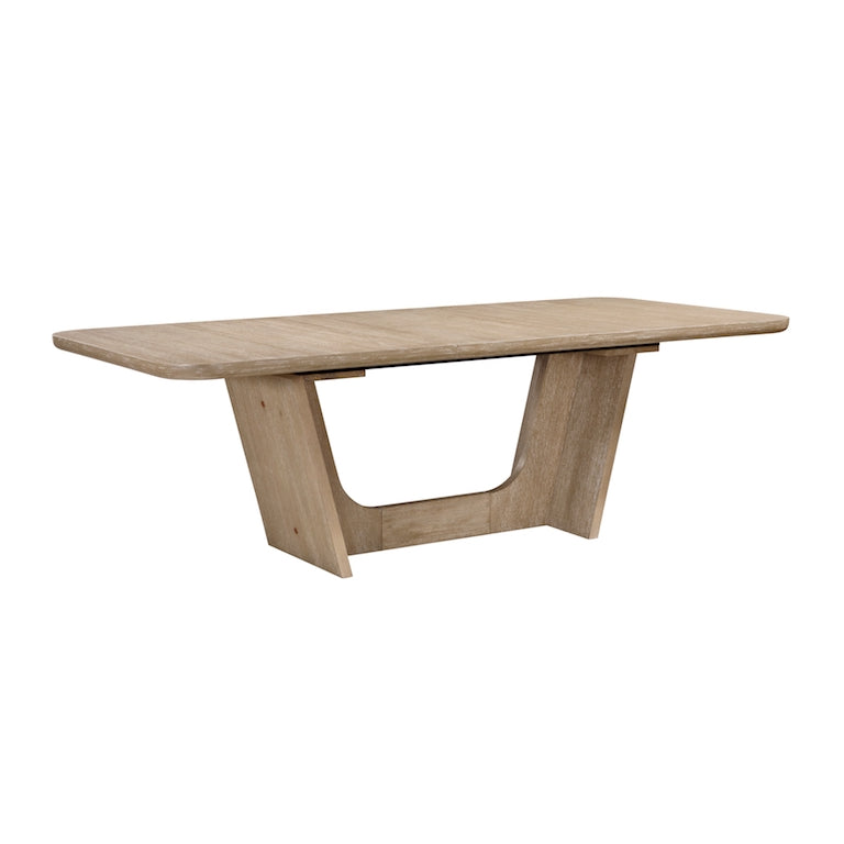 Wooden dining table with a modern design on a white background