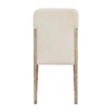 Beige upholstered chair with wooden legs on a white background