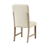 Beige upholstered chair with wooden legs on a white background