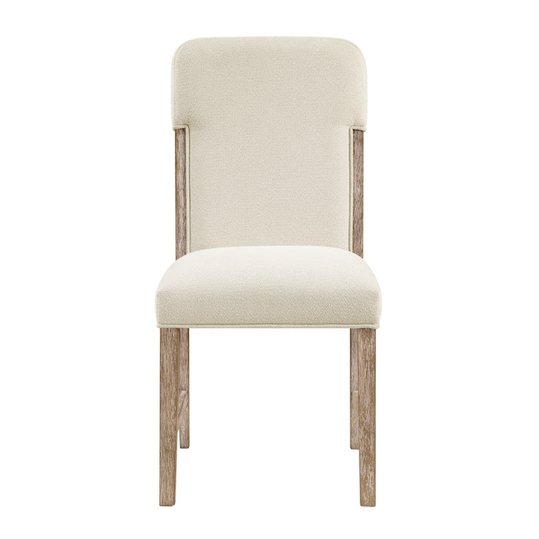 Beige upholstered chair with wooden legs on a white background