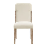 Beige upholstered chair with wooden legs on a white background