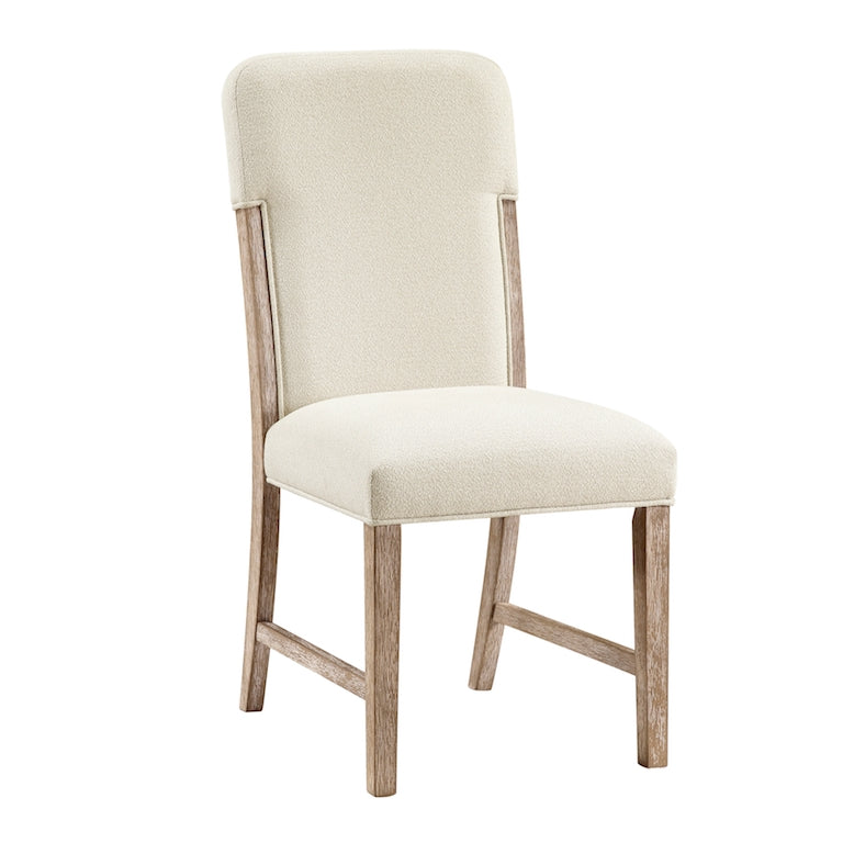 Beige upholstered chair with wooden frame on a white background