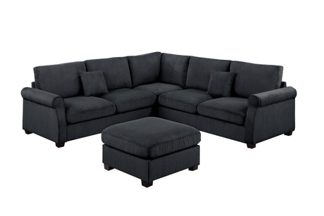4pc Sectional Set Matching Pillow Cocktail Ottoman Corner Wedge Right And Left Arm Loveseat Corduroy Upholstered Black Finish Primary Living Room - sold by Home Elegance USA