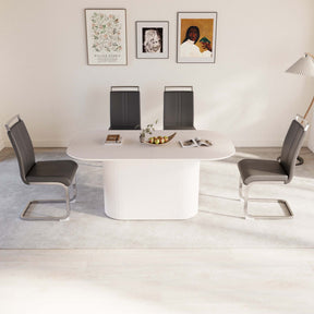 63 'medieval modern cream style MDF dining table and PU armless dining chair set 4. Assemble Desktop and Silver plated metal leg dining chair set, suitable for home&kitchen - sold by Home Elegance USA