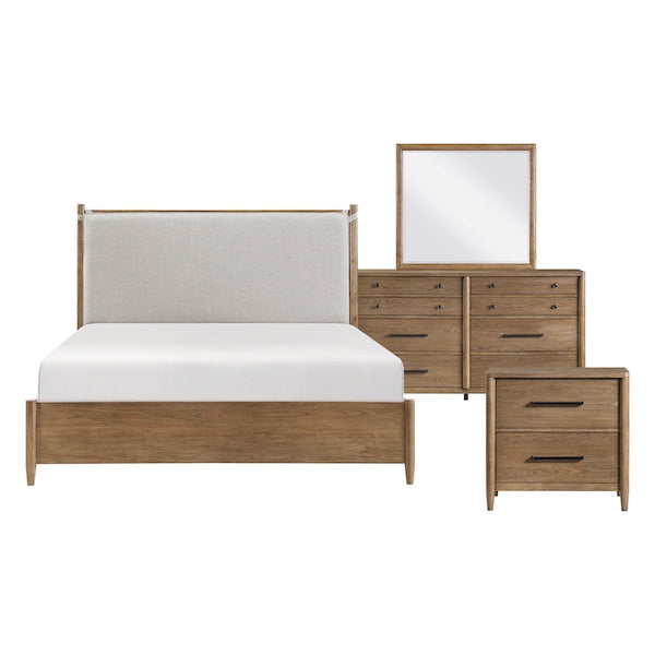 Pinehurst brown hickory veneer bedroom set by Homelegance featuring a platform bed with removable cushion headboard, dresser, and nightstand with USB ports.