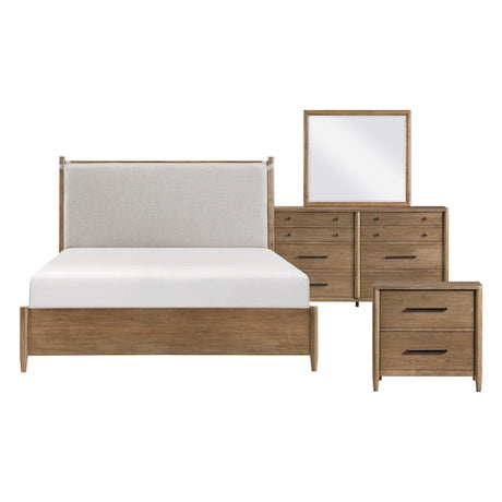 Pinehurst brown hickory veneer bedroom set by Homelegance featuring a platform bed with removable cushion headboard, dresser, and nightstand with USB ports.