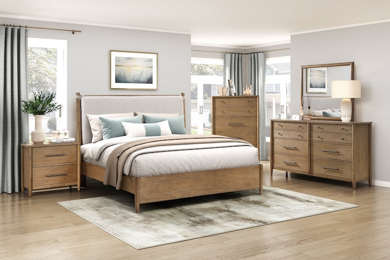 Pinehurst brown hickory veneer bedroom set by Homelegance featuring a platform bed with removable cushion headboard, dresser, chest, and nightstand with USB ports.