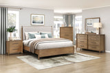 Pinehurst brown hickory veneer bedroom set by Homelegance featuring a platform bed with removable cushion headboard, dresser, chest, and nightstand with USB ports.