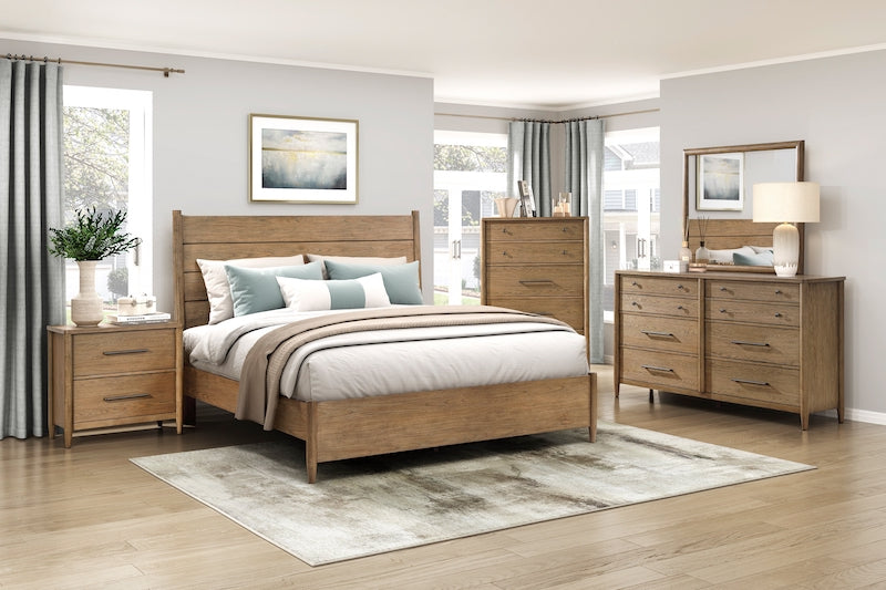 Pinehurst brown hickory veneer bedroom set by Homelegance featuring a platform bed with removable cushion headboard, dresser, chest, and nightstand with USB ports.