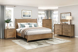 Pinehurst brown hickory veneer bedroom set by Homelegance featuring a platform bed with removable cushion headboard, dresser, chest, and nightstand with USB ports.