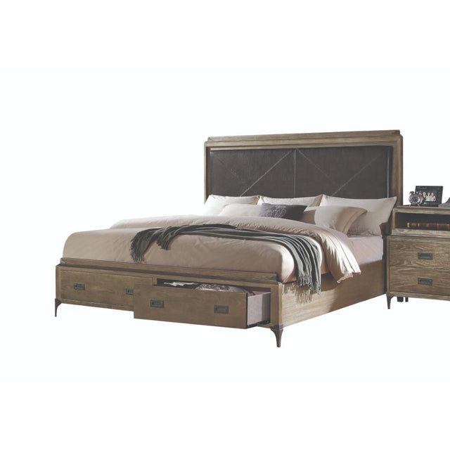 Athouman EK Bed W/Storage 23917EK Synthetic Leather & Weathered Oak Finish | Acme - 23917EK - Home Elegance USA - 1