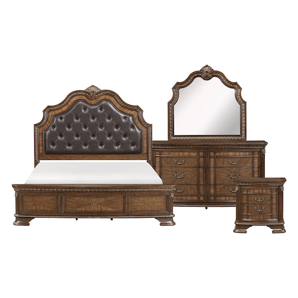 Wooden bedroom set with bed, dresser, and mirror on a white background