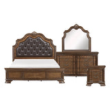 Wooden bedroom set with bed, dresser, and mirror on a white background