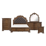Wooden bedroom furniture set with bed, dresser, and mirror on a white background
