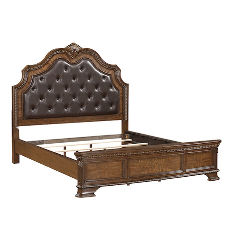 Wooden bed with tufted brown headboard on a white background