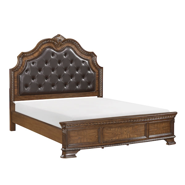 Wooden bed with tufted brown headboard on a white background