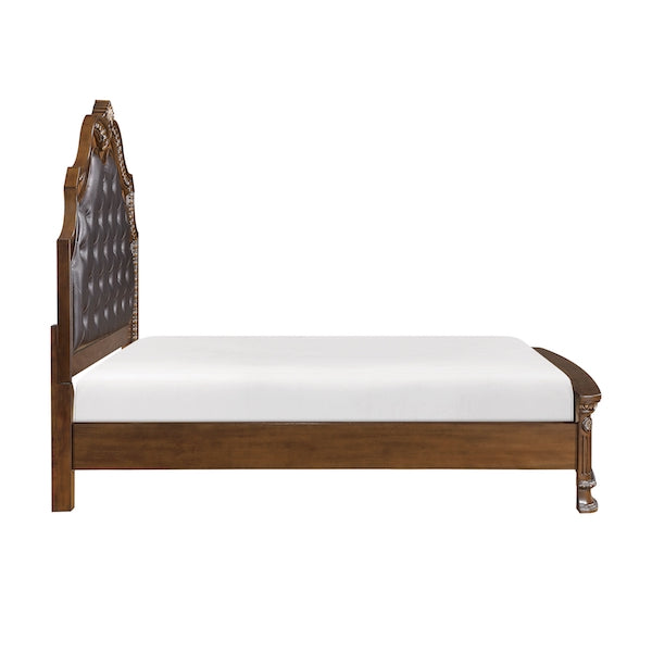 Wooden bed with white mattress on a white background