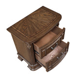 Wooden side table with open drawer on a white background