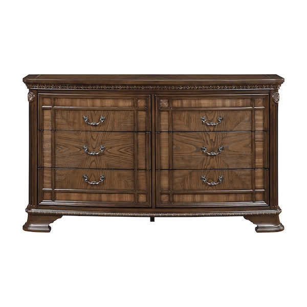 Wooden dresser with multiple drawers on a white background