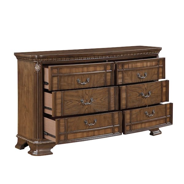 Wooden dresser with multiple drawers on a white background