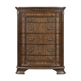 Wooden dresser with multiple drawers and decorative handles on a white background