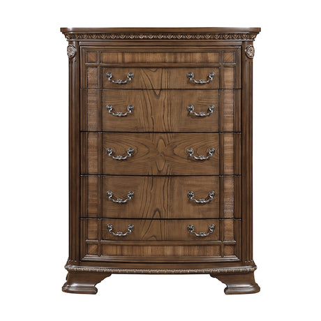 Wooden dresser with multiple drawers and decorative handles on a white background