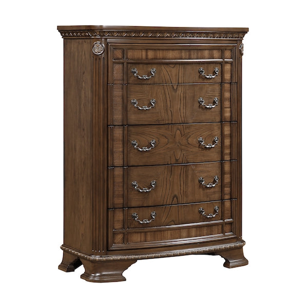 Wooden dresser with decorative carvings and metal handles on a white background
