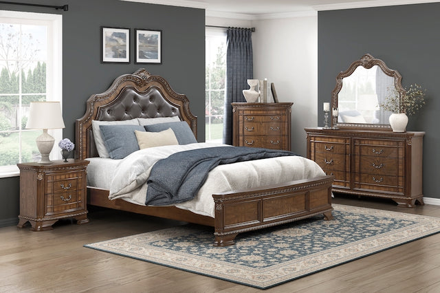 Traditional dark brown bedroom set with tufted leather sleigh bed, carved wood details, cedar drawers, and bronze handles.