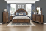 Traditional dark brown bedroom set with tufted leather sleigh bed, carved wood details, cedar drawers, and bronze handles.