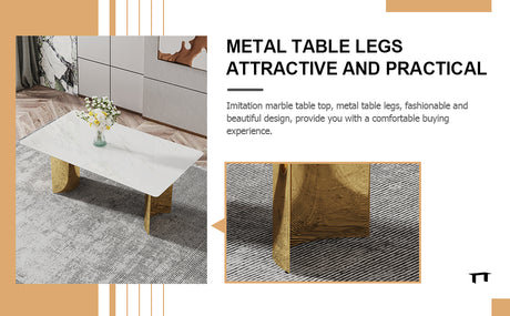 Table and chair set.The table has a glass top with imitation marble pattern stickers and stainless steel golden legs. Paried with 8 White and Dark Gray Spliced Color PU Dining Chairs.W1151S01559 - sold by Home Elegance USA