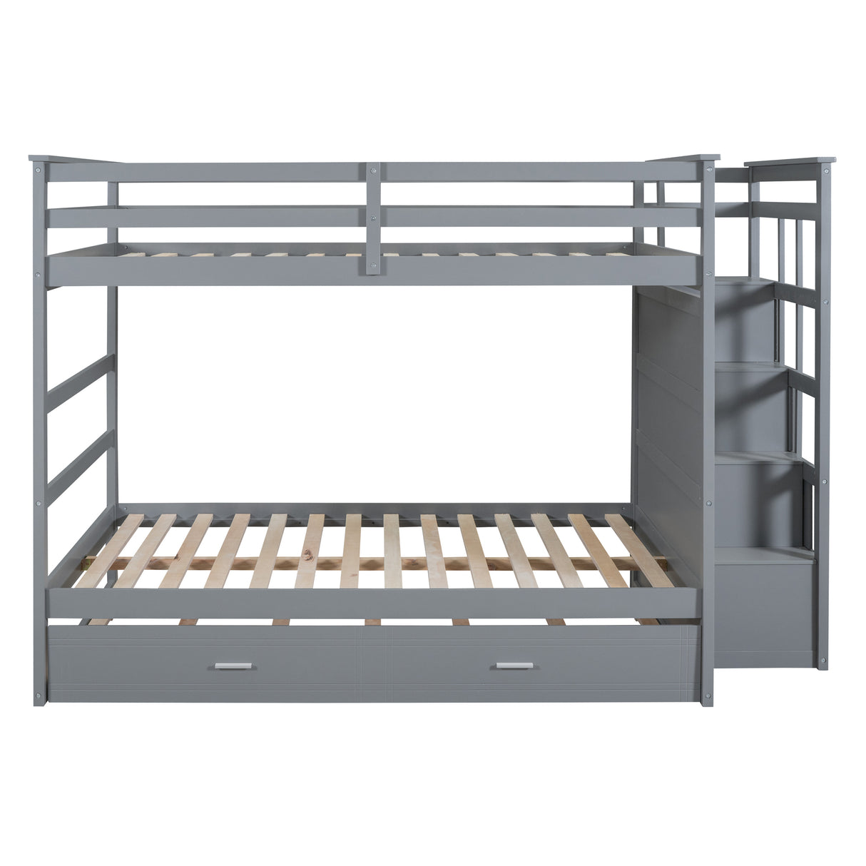 Full Over Full Bunk Bed with Twin Size Trundle and Staircase, Gray - Home Elegance USA