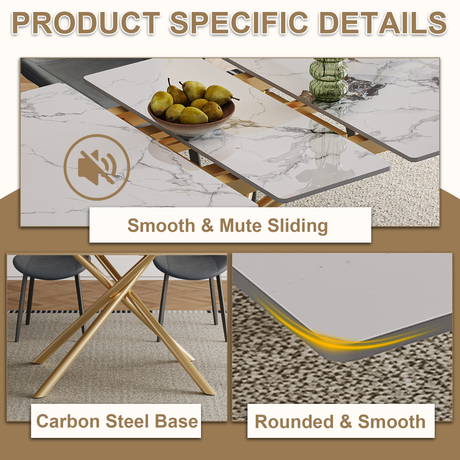 Modern 59-inch Expandable Dining Table with Retractable Leaf, Charred Stone Top & Golden Carbon Steel X-Base, 4-8 Person Set with 8 Gray PU Chairs for Small Apartments, Kitchen - sold by Home Elegance USA