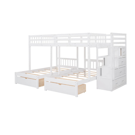 Full Over Twin & Twin Bunk Bed, Wood Triple Bunk Bed with Drawers and Guardrails (White) - sold by Home Elegance USA