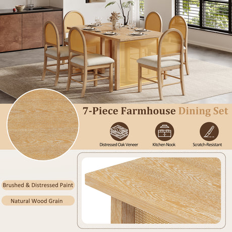 TREXM 7-Piece Farmhouse Dining Table Set for 6 - 59.8' Rectangular Dining Table with Distressed Oak Veneer and 6 Rattan Chairs, Rustic Kitchen Furniture for Dining Room(Natural) - sold by Home Elegance USA