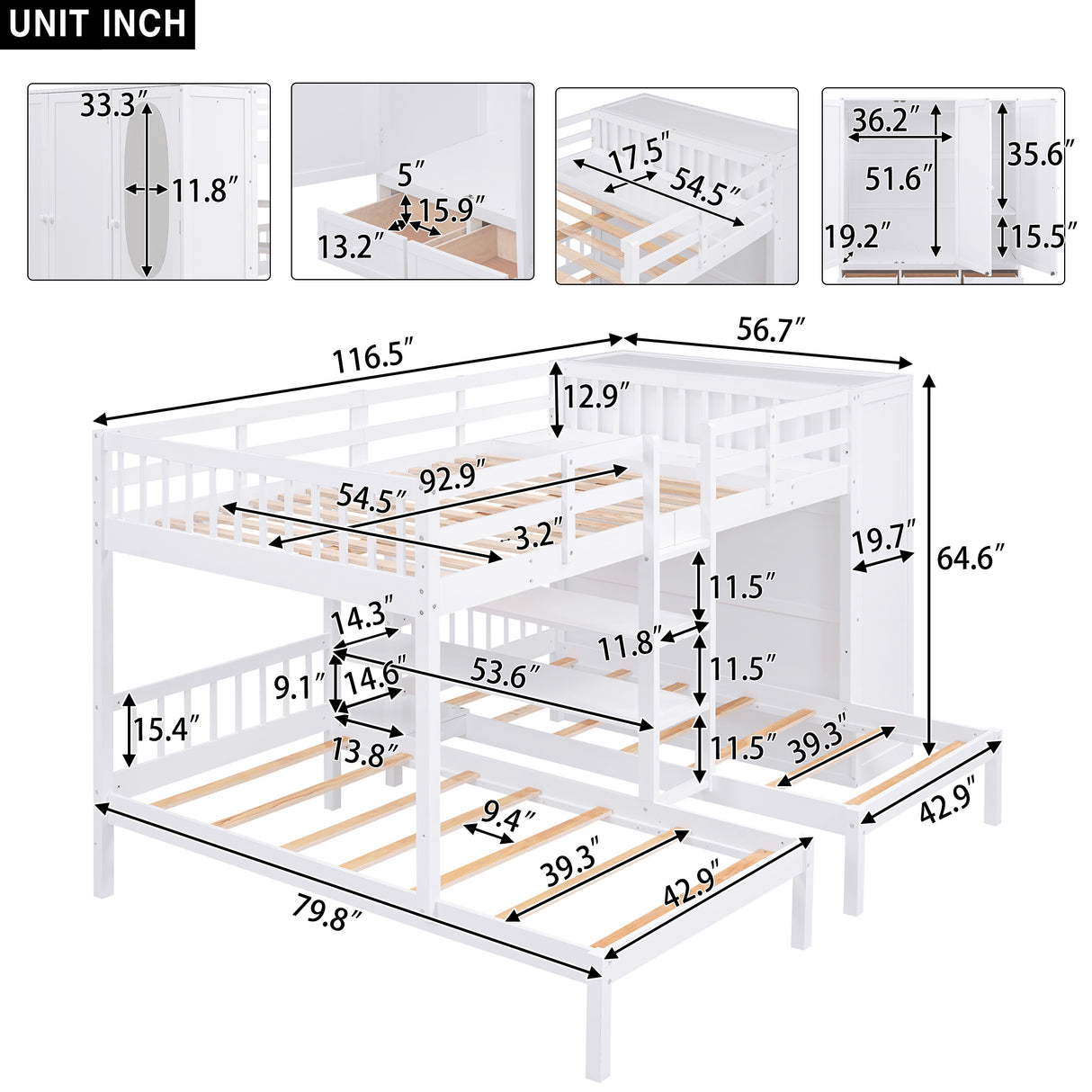 Full-Over-Twin-Twin Bunk Bed with Shelves, Wardrobe and Mirror, White - Home Elegance USA