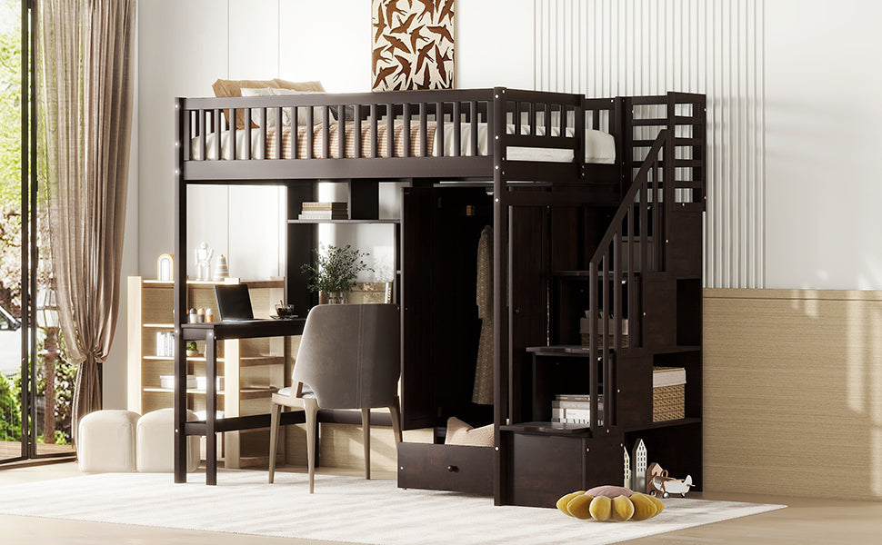 Twin size Loft Bed with Bookshelf,Drawers,Desk,and Wardrobe-Espresso - Home Elegance USA